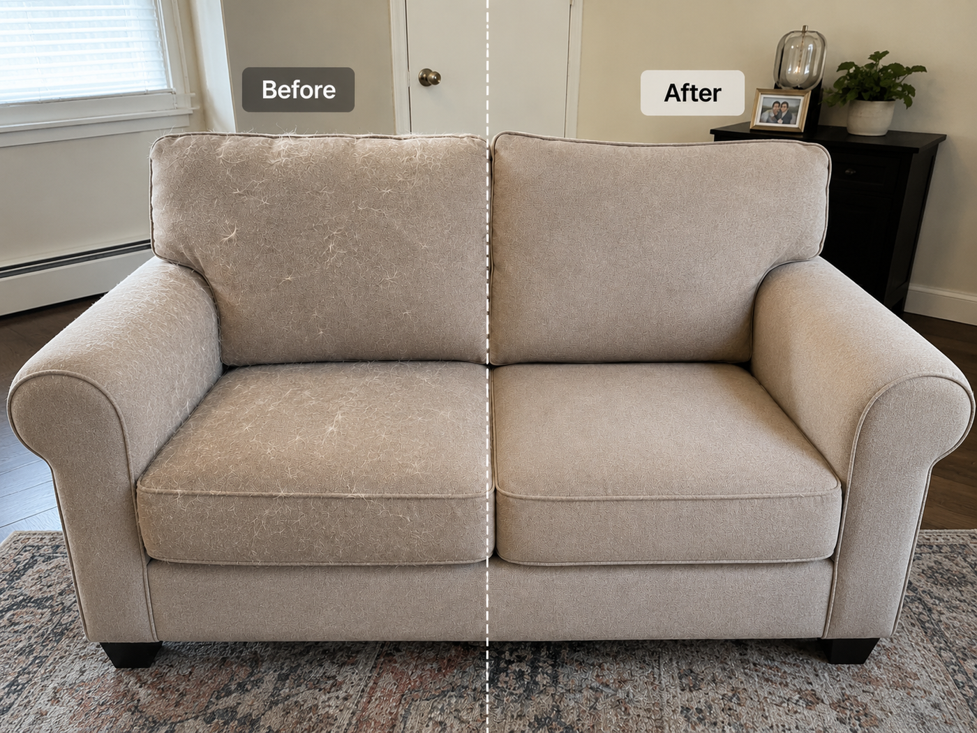 Sofa before and after using FurGlide Pro